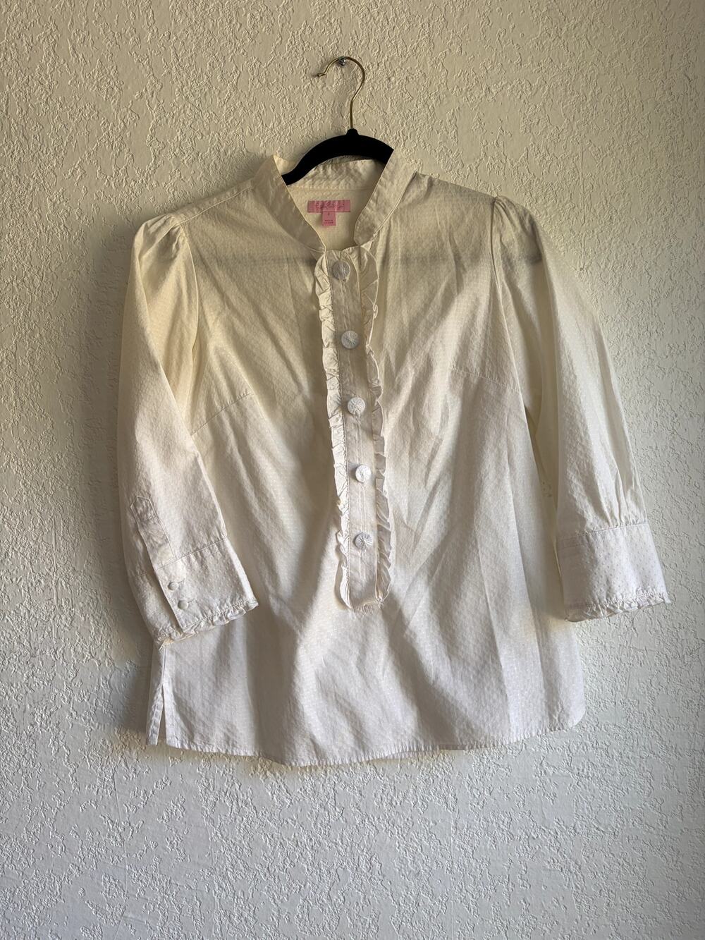 Lily Pulitzer | White Ruffle-Placket Button-Down Cotton Blouse, Size 2